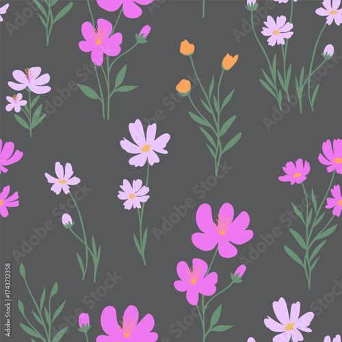 Seamless floral pattern with  wildflowers and leaves. Perfect for fabric, wallpaper, wrapping paper, and modern decor.