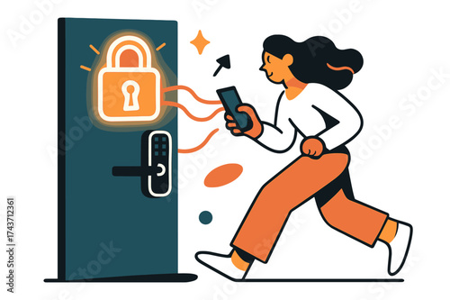 Smart Lock Activation. Smart lock. A glowing digital padlock icon appears above a modern door. A person uses a phone to unlock with abstract waves connecting