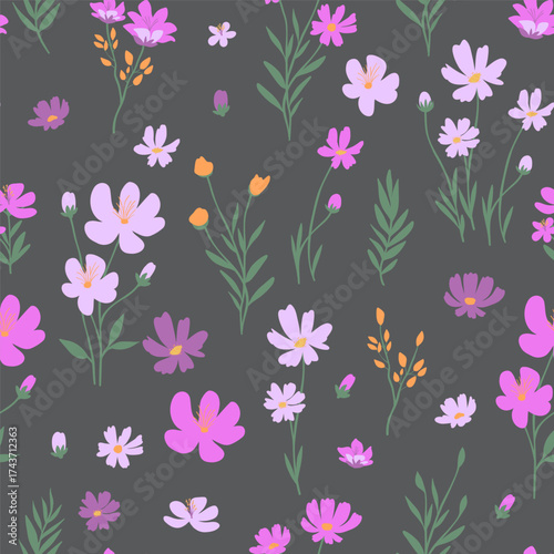 Seamless floral pattern with  wildflowers and leaves. Perfect for fabric, wallpaper, wrapping paper, and modern decor.