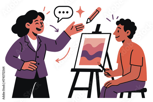 Vibrant Art Critique. Art critique. Teacher glowing while pointing at student?s artwork on easel. Floating icons of speech bubble, sparkle, and pencil showing