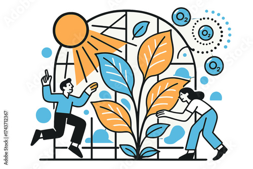 Futuristic Photosynthesis Scene. The process of photosynthesis. Futuristic greenhouse glowing with giant