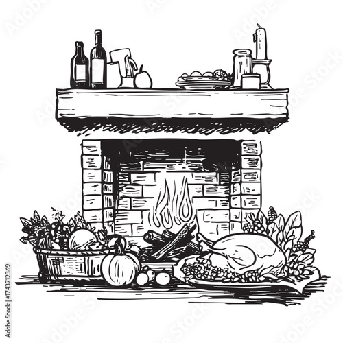  Sketch of a fireplace with a feast and decorations on the hearth