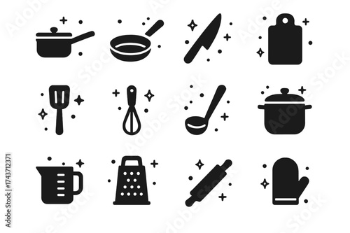 Kitchen Tools Icons. Kitchen Essentials. Solid icons set of Kitchen Essentials: saucepan, frying pan, knife, cutting board, spatula, whisk, ladle, pot,