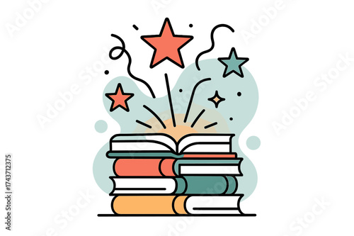 Glowing Story Stacks. Library stack. A pile of newly bound glowing books stacked neatly, abstract floating stars and ribbons above symbolizing stories ready to