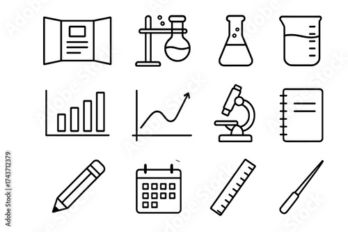 Science Fair Icons. Science fair board. Line icon set of science fair board: project board, experiment setup, test tube, beaker, chart, graph, microscope,