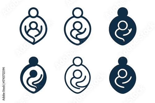 Family Care Logos. Support for caregivers. Set Logo of family care: figure holding child with protective aura. harmonious logo variations of the same