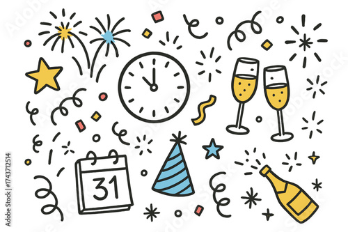 Celebratory New Year's Illustration. New Year?s Eve. Hand-drawn doodle illustration fireworks (colored), champagne glasses (colored), clock striking midnight,