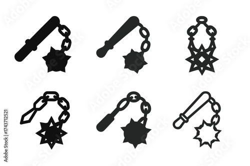 Antique Weapon Logos. Antique Weapons. Set Logo of Antique Weapons: chained flail. harmonious logo variations of the same emblematic concept, each with