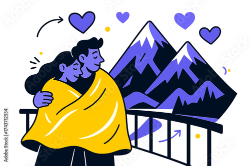 Lovers' Mountain Retreat. Mountain view. Couple wrapped in a glowing blanket on a balcony, gazing at mountain
