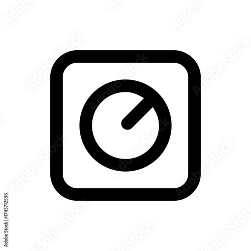 Black and white icon showing a timer or dial inside a rounded square frame with a short hand indicator