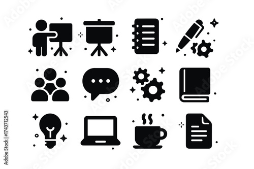 Workshops Icon Set. Workshops. Solid icons set of Workshops: presenter figure, projector screen, notepad, pen, group of people, chat bubble, gears, book, light