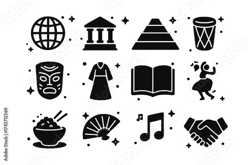 World Cultures Icons. World cultures. Solid icons set of World cultures: globe, temple, pyramid, drum, mask, traditional dress, book, dance figure, food plate,