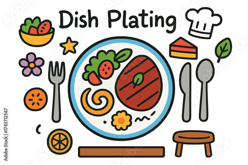 Doodle Dish Delight. Dish Plating. Colorful Hand-drawn doodle Children illustration plate, fork, knife, spoon, salad, meat dish, sauce drizzle, garnish leaf,