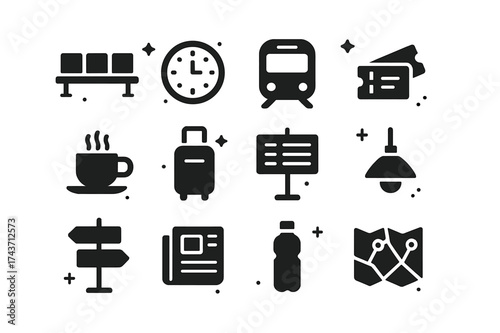 Train Station Icons. Train station waiting area. Solid icons set of bench, clock, train, ticket, coffee cup, suitcase, timetable board, light, signpost,
