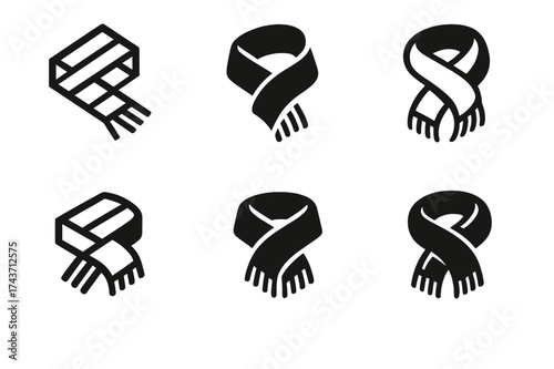 Harmonious Fall Logos. Fall fashion accessories (gloves, hats, boots). Set Logo of scarf: folded scarf with flowing ends. harmonious logo variations of the