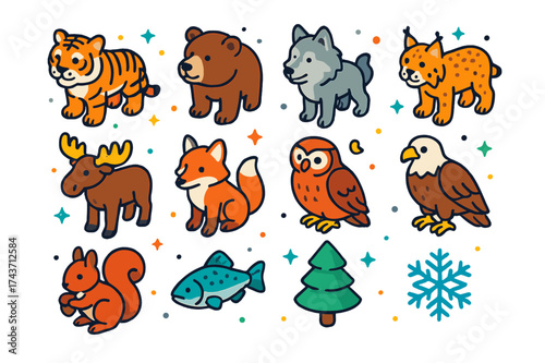 Siberian Wildlife Icons. Siberian Wildlife. Colorful isometric vector icons set of Siberian wildlife: tiger, bear, wolf, lynx, elk, fox, owl, eagle, squirrel,