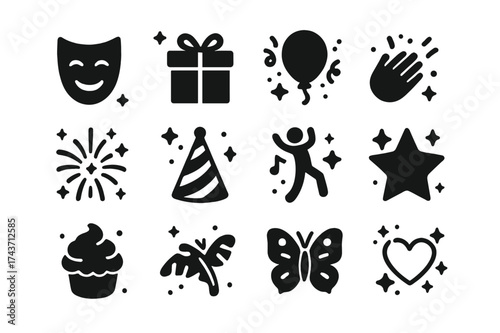 Joyful Celebration Icons. Hidden joy. Solid icons set of smiling mask, wrapped gift, balloon, confetti, hand over mouth smile, fireworks, party hat, dancing