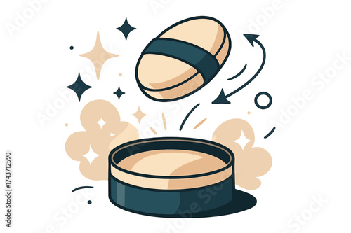 Floating Puff Elegance. Powder and puff. A stylized round powder box glowing as a puff floats above it, surrounded by abstract sparkling dust clouds. Soft,