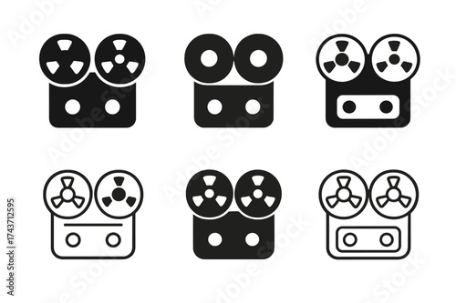 Tape Reel Logo Variations. Film music innovations. Set Logo of Film music innovations: Tape Reel Recorder. harmonious logo variations of the same emblematic