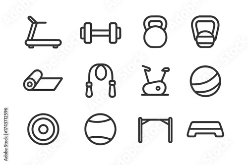 Fitness Icon Set. Fitness Equipment. Line icon set of Fitness Equipment: treadmill, dumbbell, kettlebell, resistance band, yoga mat, jump rope, exercise bike,