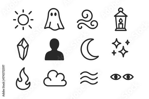 Magical Night Icons. Magical night scene. Line icon set of Magical night scene: glowing orb, phantom figure, mist swirl, lantern, crystal shard, shadow