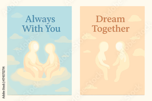 Cloudbound Soulmates. Soulmates. Two vertical A6 banners with safe margins, centered composition, no elements touching edges, pastel style, sky blue and peach,