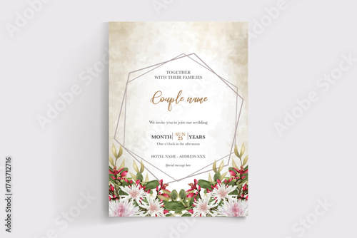 WEDDING INVITATION FRAME WITH FLOWER DECORATIONS AND FRESH LEAVES