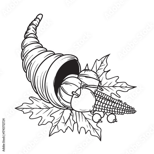 Cornucopia overflowing with harvest goods, black and white sketch.