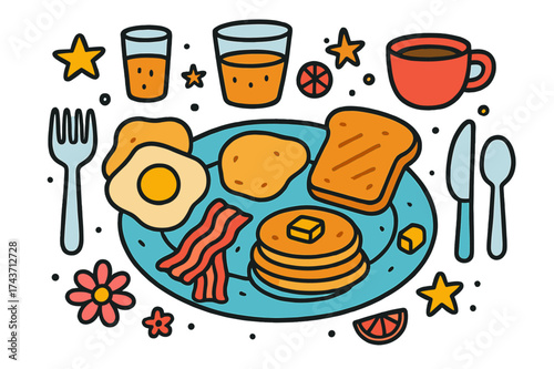Colorful Breakfast Doodles. Breakfast Plating. Colorful Hand-drawn doodle Children illustration egg, toast, bacon, pancake, plate, fork, knife, spoon, fruit