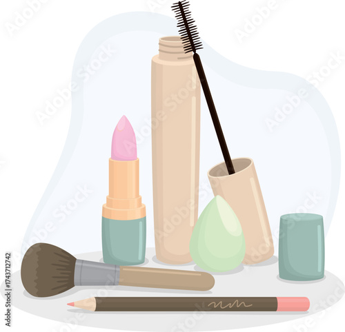 Illustration with mascara, pink lipstick, makeup brush, blending sponge and pencil for lips. Cute composition of a beauty products and tools