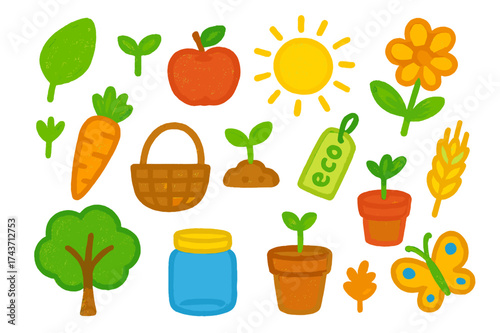 Colorful Organic Doodle Icons. Organic. Colorful Hand-drawn doodle Children illustration Leaf, sprout, apple, carrot, basket, sun, flower, seedling, eco tag,