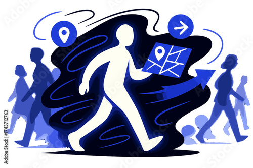 Isolated Navigation Journey. Navigating alone. Glowing figure with floating map and directional icons, abstract swirling lines and blurred crowd emphasizing