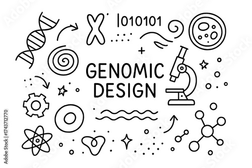Genomic Science Doodle. Genomic Design. Hand-drawn doodle illustration Genomic Design DNA helix, chromosome, binary code, abstract spiral, petri