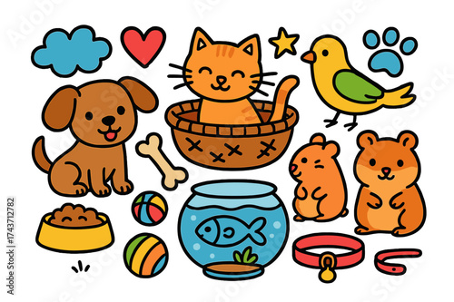 Cute Pet Doodles. Cute Pets. Colorful Hand-drawn doodle Children illustration Puppy, kitten, bird, fish bowl, hamster, paw print, heart, toy ball, food bowl,