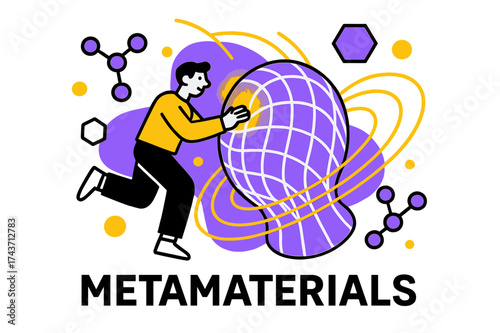 Futuristic Metamaterial Grid. Metamaterials. A futuristic glowing grid wrapping around an object, bending rays in abstract arcs. Floating molecules and