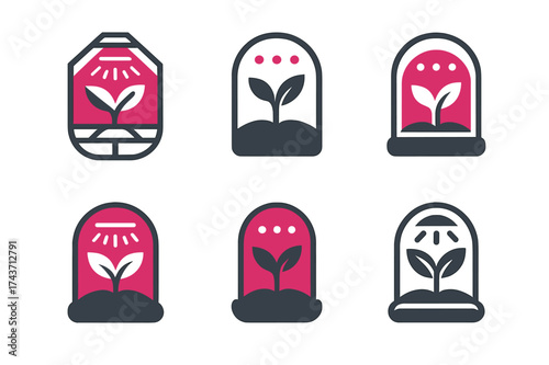 Futuristic Farm Logos. Indoor farming with LED lighting. Set Logo of futuristic plant pod: isolated chamber with LED glow. harmonious logo variations of the
