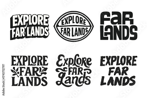 Creative Lettering Variations. Explore Far Lands. Set lettering. harmonious lettering variations of the same emblematic concept, each with different artistic