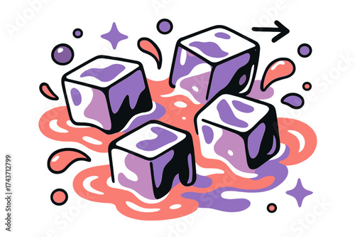 Melting Ice Motion. Melting in motion. Several ice cubes floating in glowing water, their edges softening and