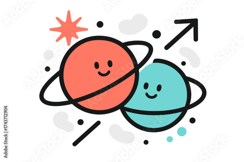 Twin Planets Dynamics. Twin Planets. Two glowing planets orbiting close, abstract spark and arrow icons symbolizing duality. Modern flat-line illustration,