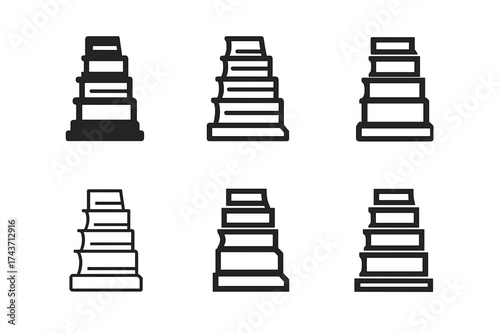 Library Logo Variations. Bookshelf stack. Set Logo of Library: library tower of books. harmonious logo variations of the same emblematic concept, each with