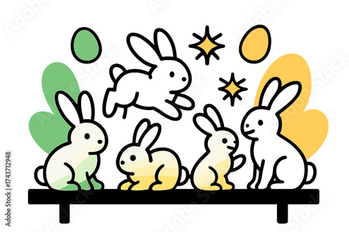 Playful Bunny Decor. Bunny Decor. Small glowing bunny figurines arranged on a table, abstract floating spark and egg icons symbolizing playfulness. Modern