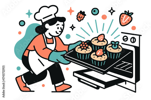 Freshly Baked Muffins. Wholesome baking. A tray of glowing muffins with fruit toppings being pulled from the oven, abstract sparks and floating berries showing