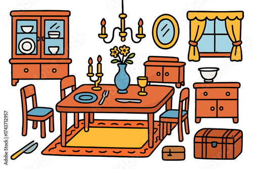 Colorful Dining Room Doodles. Dining room. Colorful Hand-drawn doodle Children illustration Dining room large table, chairs, chandelier, vase, candlesticks,