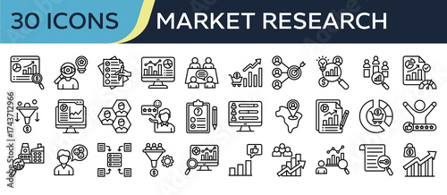 Collection of Market Research icons, related to Market Analysis, Consumer Insight, Focus Group, Market Trends, Competitor Analysis and more. Outline icons vector illustation.
