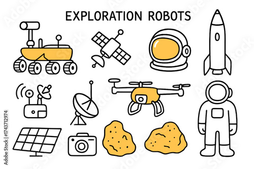Exploration Robots Doodle. Exploration Robots. Hand-drawn doodle illustration Mars rover (colored), satellite, space helmet (colored), rocket, drone (colored),