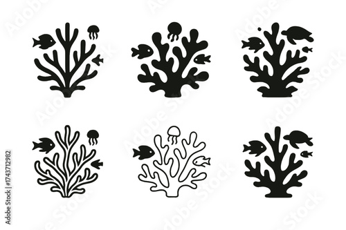 Marine Logo Variations. Exploration of ocean depths and undiscovered marine ecosystems. Set Logo of coral reef: branching coral with marine life silhouettes.