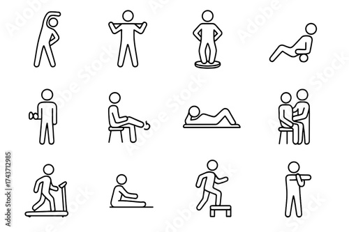 Therapy Exercise Icons. Therapy exercises. Line icon set of Therapy exercises: stretching, resistance band exercise, balance board, foam roller routine,