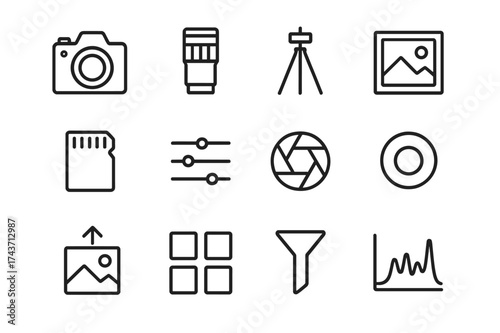 Photography Icon Set. Photography online. Line icon set of Photography online: camera, lens, tripod, photo frame, memory card, editing sliders, aperture icon,