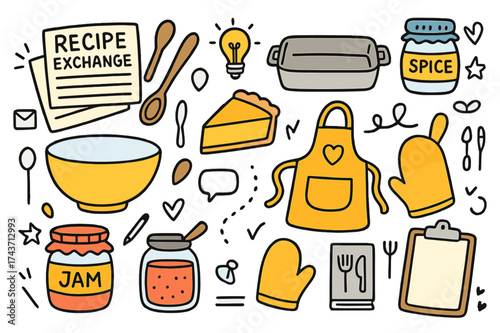 Recipe Card Doodles. Recipe Exchange. Hand-drawn doodle illustration recipe cards (colored), mixing bowl, wooden spoon (colored), casserole pan, spice jar