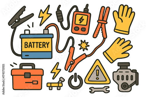 Car Battery Doodle. Battery Charge. Colorful Hand-drawn doodle Children illustration Battery Charge car battery, charger, jumper cables, spark, red clamp,
